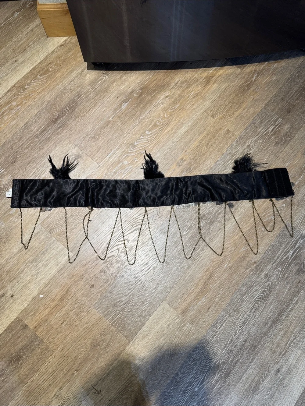 Black Beaded Coin Fringe Belly Belt with Feather Accents